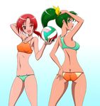 2girls arm_behind_head arm_up ass ball bikini blush bow breasts butt_crack collarbone costume_switch erect_nipples green_eyes green_hair hair_bow hino_akane_(smile_precure!) looking_back midorikawa_nao multiple_girls one_eye_closed ponytail precure red_eyes red_hair short_hair small_breasts smile_precure! sports_bikini swimsuit volleyball wink 