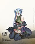  ankle_boots arm_strap armor armored_boots ash-12.7 ash-12.7_(girls_frontline) bare_shoulders belt black_belt black_legwear blue_footwear blue_hair blue_jacket boots breasts character_name closed_mouth copyright_name full_body girls_frontline green_shorts gun hair_between_eyes hair_ornament high_collar highres holding holding_gun holding_weapon jacket looking_at_viewer medium_breasts off_shoulder official_art purple_eyes shiny shiny_hair short_hair_with_long_locks short_shorts shorts solo spiked_hair suspender_shorts suspenders thighhighs torn_clothes torn_legwear turtleneck weapon 