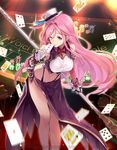  ;) ahoge artist_request bare_legs breasts card elbow_gloves eyebrows_visible_through_hair gloves hat highres hortensia_saga large_breasts leaning_forward long_hair long_skirt midriff mini_hat mouth_hold navel official_art one_eye_closed pink_eyes pink_hair playing_card poker_chip poker_table polearm side_slit skirt smile solo sparkle very_long_hair watermark weapon white_gloves 