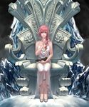  absurdres animal bird blue_eyes breasts cleavage closed_mouth dress final_fantasy final_fantasy_xiii finger_to_mouth full_body highres lightning_farron long_hair looking_at_viewer medium_breasts pink_hair relear revision shoes sitting sleeveless sleeveless_dress spaghetti_strap throne white_dress white_footwear 