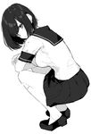  absurdres bangs bob_cut breasts crossed_arms ear eyebrows_visible_through_hair from_side greyscale highres kayahara kneehighs light_smile loafers looking_at_viewer looking_back medium_breasts monochrome original parted_lips pleated_skirt school_uniform serafuku shoes short_hair short_sleeves simple_background sketch skirt solo squatting 
