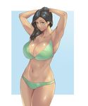  armpits arms_behind_head arms_up bikini black_hair blush breasts cleavage closed_mouth collarbone cowboy_shot green_bikini green_eyes hair_over_shoulder kuramori2gou large_breasts legs_together lips long_hair looking_at_viewer mature original shiny shiny_skin smile solo standing stomach swimsuit thighhighs two-tone_background 
