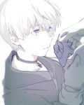  android bad_id bad_pixiv_id blue_eyes choker collarbone gloves holding_hands ichinose777 male_focus nier_(series) nier_automata out_of_frame pale_skin short_hair solo_focus white_background white_hair yorha_no._9_type_s 