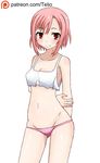  1girl blush breasts groin koharu_yoshino navel panties pink_hair pink_panties red_eyes sakura_quest small_breasts smile solo tank_top white_background 