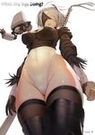  artist_name black_hairband black_legwear blindfold breasts cleavage_cutout covered_eyes covered_navel english feather-trimmed_sleeves from_below hairband highleg highleg_leotard large_breasts leotard lips long_sleeves mole mole_under_mouth nier_(series) nier_automata parted_lips pod_(nier_automata) rak_(kuraga) silver_hair solo thighhighs weapon weapon_on_back white_leotard yorha_no._2_type_b 