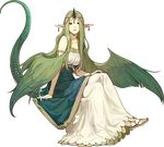  bare_shoulders bracelet breasts circlet cleavage crossed_legs dragon_tail earrings fire_emblem fire_emblem_echoes:_mou_hitori_no_eiyuuou full_body green_eyes green_hair green_wings hair_wings hidari_(left_side) horn jewelry large_breasts long_hair mila_(fire_emblem) nail_polish official_art pointy_ears sandals sitting solo tail teeth transparent_background very_long_hair wings 