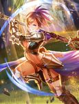  arm_up armor artist_request belt blue_eyes boots breasts cleavage fur_trim gauntlets greaves grin high_heel_boots high_heels hortensia_saga looking_at_viewer medium_breasts midriff navel official_art outdoors polearm ponytail purple_hair short_shorts shorts smile solo thigh_strap watermark weapon 