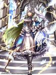  armor armored_boots beko-atwks boots company_name copyright_name earrings feathers full_body green_hair gyakushuu_no_fantasica helmet jewelry long_hair official_art polearm purple_eyes shield sky solo sparkle spear very_long_hair weapon winged_helmet 