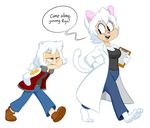  barefoot cat clothed clothing david_baron doctor duo english_text feline female fur goopbloop hair human lab_coat male mammal simple_background text toony unimpressed walking white_background white_fur white_hair young 