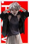  1girl arms_behind_head bad_id bad_twitter_id chromatic_aberration copyright_name hands_on_own_head highres red_background red_eyes sabitsuki short_hair shousan_(hno3syo) skirt sleeveless sleeveless_turtleneck solo tongue tongue_out turtleneck white_hair 