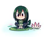  :&gt; asui_tsuyu between_legs blush bodysuit boku_no_hero_academia breasts brown_eyes chibi closed_mouth empty_eyes expressionless eyebrows_visible_through_hair full_body gloves green_bodysuit green_hair grey_gloves hair_between_eyes hair_rings hand_between_legs lily_pad long_hair looking_at_viewer looking_away low-tied_long_hair maro_(lij512) medium_breasts nose_blush shiny shiny_hair simbuckle solo squatting v_arms very_long_hair water white_background 