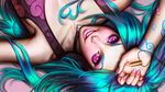  :d aqua_hair arm_up armpits artist_name ayya_saparniyazova bare_shoulders bullet choker collarbone dress eyebrows eyeshadow fingernails flat_chest grin hand_on_forehead highres holding jewelry jewelry_removed jinx_(league_of_legends) league_of_legends long_fingernails long_hair looking_at_viewer looking_up lying makeup nail_polish necklace necklace_removed on_back open_mouth palms pendant pink_eyes pink_lips pink_nails purple_dress revision shell_casing signature sleeveless sleeveless_dress smile solo tank_top tattoo teeth thick_eyebrows upper_body upside-down watermark web_address 