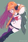  778-go artist_name boots breasts commentary_request fur_trim glasses hands_in_pockets headphones heterochromia highres long_hair long_sleeves looking_at_viewer orange_hair persona persona_5 sakura_futaba shorts simple_background small_breasts solo thighhighs tongue tongue_out 