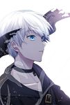  backlighting bangs black_blindfold black_choker blindfold bloom blue_eyes buckle choker collarbone expressionless flywinga7 looking_afar male_focus nier_(series) nier_automata open_eyes parted_lips simple_background solo torn_blindfold upper_body white_background white_hair yorha_no._9_type_s 