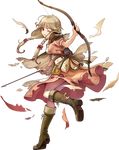  apron arrow bangs boots bow_(weapon) bracelet braid brown_eyes brown_hair capelet dress effie_(fire_emblem) fire_emblem fire_emblem_echoes:_mou_hitori_no_eiyuuou fire_emblem_heroes full_body highres jewelry knee_boots konfuzikokon long_hair official_art one_eye_closed quiver short_sleeves solo torn_boots torn_clothes transparent_background twin_braids weapon 