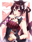  1girl absurdres animal_ears arm_ribbon bare_shoulders black_dress black_hair blue_eyes blush breasts cat_ears cat_hair_ornament cat_tail chocolate chocolate_bar dress earrings finger_licking food hair_between_eyes hair_ornament heart heart_earrings heterochromia highres holding holding_food horns jewelry licking long_hair looking_at_viewer medium_breasts multiple_tails original phantasy_star phantasy_star_online_2 purple_ribbon red_eyes ribbon solo tail tongue tongue_out twintails two_tails upper_body very_long_hair wristband yutazou 