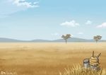  cloud day grass headgear kantai_collection kemono_friends misumi_(niku-kyu) mutsu_(kantai_collection) mutsu_(snail) no_humans outdoors plains_zebra_(kemono_friends) savanna_striped_giant_slug_(kemono_friends) savannah sky slug smokestack striped tree turret twitter_username zebra 