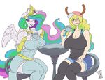  2017 animal_humanoid anthro anthrofied big_breasts breasts cleavage clothed clothing crossover cup dragon dragon_humanoid duo equine feathered_wings feathers female friendship_is_magic hair hat heterochromia holding_object horn humanoid legwear long_hair looking_at_viewer mammal miss_kobayashi&#039;s_dragon_maid multicolored_hair my_little_pony princess_celestia_(mlp) purple_eyes quetzalcoatl_(dragon_maid) simple_background sitting smile white_background white_feathers winged_unicorn wings zwitterkitsune 