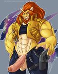  2017 abs anthro balls beard biceps big_penis blue_eyes clothing facial_hair feline gun handgun holster knife lion male mammal mane muscular muscular_male navel pants penis pistol ranged_weapon shirt smile solo thebigbadwolf01 vest weapon 