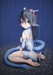  ass bare_legs barefoot black_hair blue_eyes blush commentary_request dragon_girl dragon_horns dragon_tail frown hair_between_eyes head_fins horn_ribbon horns kyabe_tsuka leaf-chan long_hair looking_at_viewer original pointy_ears rain ribbon scales sitting soles solo tail toes torn_clothes wariza water_drop wet wet_hair 