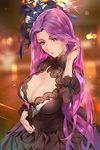  adjusting_hair alternate_costume black_dress black_ribbon blurry bokeh breasts cleavage depth_of_field dress evening_gown fate/grand_order fate/stay_night fate_(series) flower hair_flower hair_ornament highres large_breasts light_particles long_hair purple_eyes purple_hair ribbon rider smile solo very_long_hair yang-do 