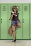  2017 anthro backpack breasts brown_fur brown_hair canine clothed clothing female fur hair headphones kate_(wolfy9719) listening_to_music locker mammal phone school shorts solo standing wolf wolfirry yellow_eyes 