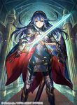  armor armored_boots bangs belt blue_eyes blue_hair boots breastplate cape company_connection copyright_name falchion_(fire_emblem) fire_emblem fire_emblem:_kakusei fire_emblem_cipher fuji_choko gauntlets glowing glowing_weapon hand_on_hip holding holding_weapon indoors jewelry long_hair looking_at_viewer lucina official_art open_mouth pauldrons shield solo sword thighhighs tiara weapon 