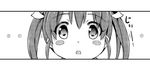  blush_stickers comic commentary_request eyebrows_visible_through_hair greyscale hair_ribbon head_only kantai_collection long_hair looking_at_viewer monochrome open_mouth ribbon sakimiya_(inschool) solo staring translated twintails younger zuikaku_(kantai_collection) 