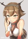  blush breasts brown_eyes brown_hair cleavage eyebrows_visible_through_hair finger_to_mouth grey_background headgear kantai_collection large_breasts leaning_forward looking_at_viewer maku_ro mutsu_(kantai_collection) short_hair simple_background smile white_background 