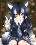  :3 animal_ears black_hair blue_eyes blush breasts commentary_request fang_out fur_collar grey_wolf_(kemono_friends) heterochromia ichinose_aki kemono_friends long_hair long_sleeves looking_at_viewer multicolored_hair necktie pencil skirt solo tail two-tone_hair wolf_ears wolf_tail yellow_eyes 