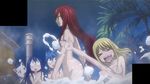 4girls blonde_hair blue_hair blush breasts cat cleavage erza_scarlet fairy_tail foam levy_mcgarden long_hair lucy_heartfilia multiple_girls night nude open_mouth pool red_hair short_hair steam tree water wendy_marvell 