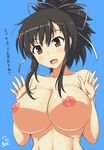  areolae asuka_(senran_kagura) blue_background blush breasts brown_eyes brown_hair dated hair_ornament hair_ribbon large_breasts looking_at_viewer nipples nishiumi_yuuta nude open_mouth ponytail ribbon senran_kagura senran_kagura_shoujo-tachi_no_shin'ei shiny shiny_hair shiny_skin simple_background smile solo text_focus tied_hair translation_request upper_body 