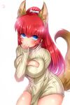  animal_ears beige_sweater between_legs blue_eyes blush breasts covering_mouth eyebrows_visible_through_hair fox_ears hand_between_legs impossible_clothes impossible_sweater kamemura_koryu/yukina leaning_forward long_hair looking_at_viewer medium_breasts meme_attire number open-chest_sweater ponytail red_hair ribbed_sweater rin_(show_by_rock!!) show_by_rock!! simple_background sleeves_past_wrists solo sweater turtleneck turtleneck_sweater whisker_markings white_background 
