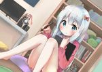  barefoot blue_eyes blush book bookshelf dutch_angle eromanga_sensei figure indoors izumi_sagiri legs long_hair pajamas pillow pink_pajamas pink_shirt pink_shorts racchi. shirt shorts silver_hair sitting solo stylus tablet_pc 