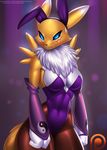  2017 anthro armwear black_nose blue_eyes blush breasts cleavage clothed clothing digimon doomthewolf facial_markings female hi_res looking_at_viewer markings patreon renamon solo 