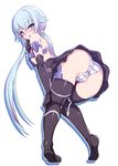  absurdres ass black_gloves blue_eyes blue_hair blush elbow_gloves frame_arms_girl from_behind gloves harigane_shinshi highres long_hair looking_at_viewer mecha_musume open_mouth panties partially_visible_vulva simple_background solo striped striped_panties stylet thighhighs twintails underwear 