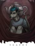 anthro blue_hair clothed clothing entsk eyebrows fur grey_fur hair horn looking_at_viewer mammal sitting solo 
