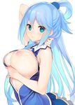  aqua_(konosuba) arm_behind_head blue_eyes blue_hair blush breast_hold breasts hair_ornament hair_rings kono_subarashii_sekai_ni_shukufuku_wo! large_breasts long_hair looking_at_viewer nipples one_breast_out parted_lips simple_background skirt sleeveless solo tatami_to_hinoki white_background 