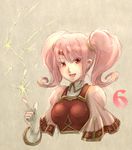  breastplate brown_background circlet countdown cropped_torso curly_hair electricity fire_emblem fire_emblem_echoes:_mou_hitori_no_eiyuuou gloves long_hair mae_(fire_emblem) open_mouth pink_hair red_eyes smile solo towa_(towa_no_jiyuuchou) twintails upper_body 