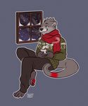  2017 4_toes 5_fingers anthro barefoot biped black_claws black_nose claws clothed clothing crossed_legs cup digital_media_(artwork) eyebrows fully_clothed fur green_clothing green_topwear grey_background grey_bottomwear grey_clothing grey_fur grey_pants grey_tail head_tuft holding_cup holding_object hot_chocolate jazzotter jewelry male mammal markings mustelid necklace oddthesungod otter pawpads pendant red_markings red_pawpads scarf signature simple_background sitting smile snow snowing solo sweater tail_markings thick_tail toe_claws toes webbed_feet webbed_hands whiskers window winter 