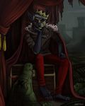  5_fingers anthro barefoot brown_eyes clothed clothing crocodile crocodilian crown detailed_background digitigrade entsk feral grey_hair hair looking_at_viewer reptile scalie sitting 