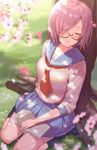  against_tree bespectacled blurry blush book closed_eyes contemporary day fate/grand_order fate_(series) flower from_above glasses grass hair_over_one_eye haru_(hiyori-kohal) mash_kyrielight miniskirt open_book outdoors parted_lips pleated_skirt purple_eyes purple_hair sailor_collar school_uniform serafuku short_hair skirt sleeping sleeping_upright solo tree 