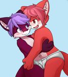  anthro blush briefs bulge canine clothing cub dog embrace fox fur hair male male/male mammal navel open_mouth purple_eyes purple_fur purple_hair red_eyes red_fur red_hair sagemerric simple_background underwear young 