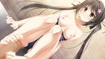  1girl bare_shoulders barefoot black_hair blush breasts brown_eyes feet footjob hair_ribbon hairclip kissbell long_hair medium_breasts pov school_swimsuit smile strap_slip toes topless twintails 