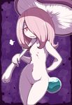  =3 areolae bare_arms bare_shoulders beaker breasts bright_pupils cowboy_shot groin hair_over_one_eye half-closed_eyes holding_mushroom little_witch_academia long_hair looking_at_viewer mushroom navel nipples nollety nude open_mouth outline pale_skin pink_eyes pink_hair purple_background pussy small_breasts solo stomach sucy_manbavaran thigh_gap uncensored white_outline white_pupils 