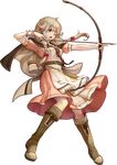  aiming apron arrow bangs boots bow bow_(weapon) bracelet braid brown_eyes brown_hair capelet drawing_bow effie_(fire_emblem) fire_emblem fire_emblem_echoes:_mou_hitori_no_eiyuuou fire_emblem_heroes full_body highres holding holding_arrow holding_bow_(weapon) holding_weapon jewelry knee_boots konfuzikokon light_brown_hair long_hair official_art one_eye_closed open_mouth outstretched_arm ribbon short_sleeves solo transparent_background twin_braids weapon 