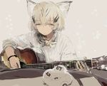  :o acoustic_guitar alternate_costume animal_ears blonde_hair bow bowtie bracelet cat_ears custom_(cus-tom) duplicate eyebrows eyebrows_visible_through_hair eyelashes food grey_background guitar hair_between_eyes instrument japari_bun jewelry jpeg_artifacts kemono_friends long_sleeves mewhan multicolored_hair music no_gloves open_mouth playing_instrument sand_cat_(kemono_friends) shirt short_hair singing sketch solo streaked_hair striped striped_bow striped_neckwear tareme white_shirt yellow_eyes 