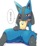  blue_fur female fur japanese_text looking_at_viewer presenting red_eyes simple_background solo spikes spread_legs spreading text white_background ふくろう　lucario 