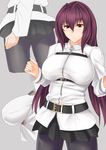  black_legwear black_skirt breasts chaldea_uniform commentary_request cosplay fate/grand_order fate_(series) fujimaru_ritsuka_(female) fujimaru_ritsuka_(female)_(cosplay) gachou large_breasts long_hair long_sleeves pantyhose pleated_skirt purple_hair red_eyes scathach_(fate)_(all) scathach_(fate/grand_order) shirt skirt uniform white_shirt 