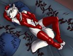  arctic_fox arm_warmers armwear bed bulge canine clothing fox green_eyes inktiger legwear looking_at_viewer lying male mammal pinup pose rubber solo stockings triskfox 
